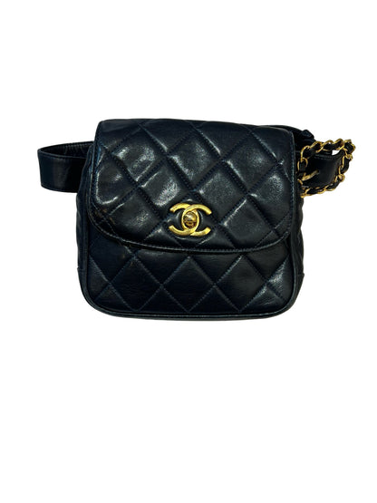CHANEL Lambskin Quilted Belt Bag Belt Bag Black Gold Hardware Ry15