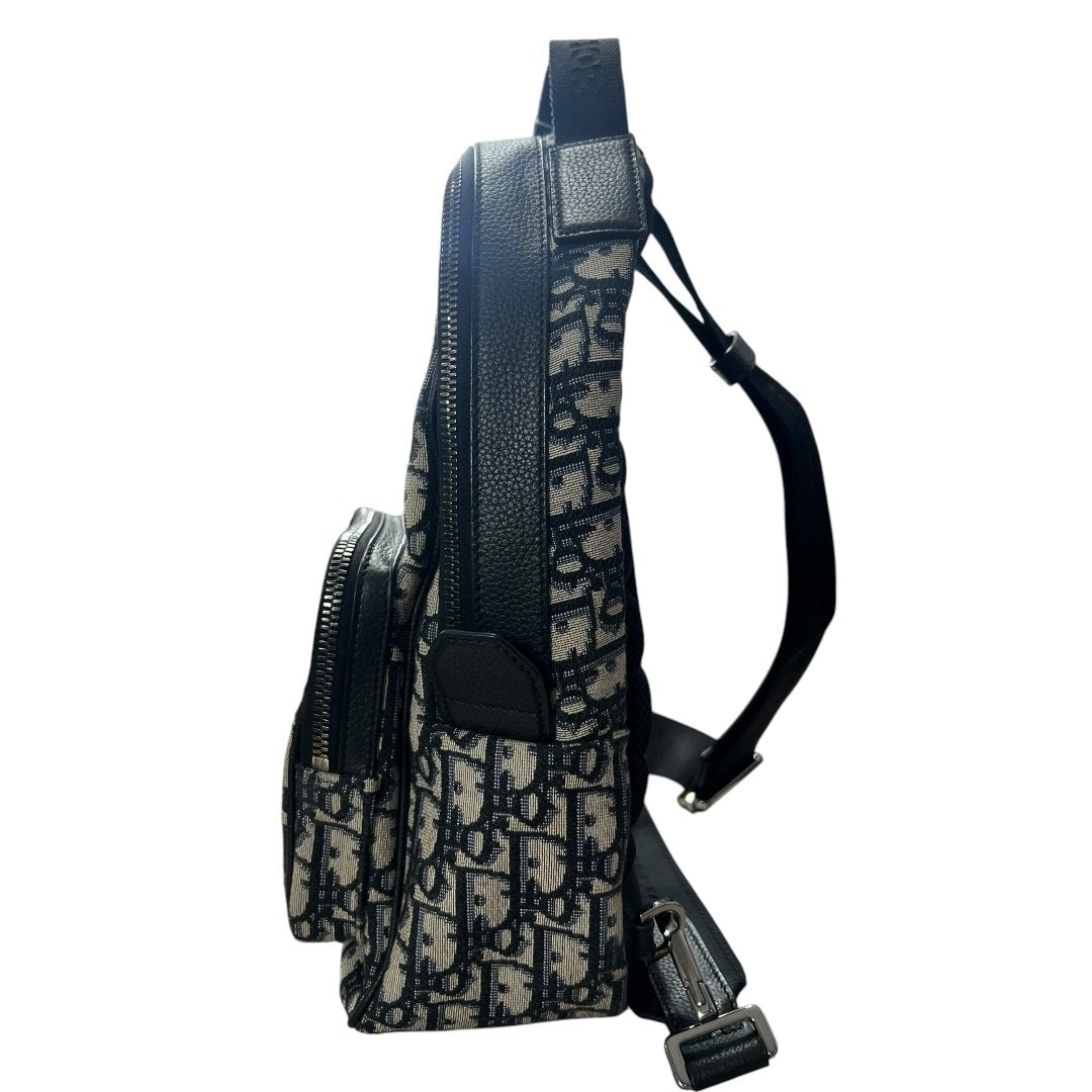 CHRISTIAN DIOR Oblique Canvas Rider Sling Backpack Sling Bag Blue, Beige, Black Silver Hardware Ch2207