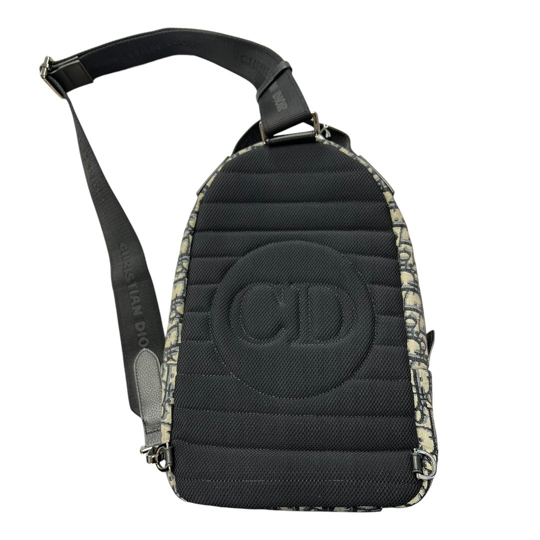 CHRISTIAN DIOR Oblique Canvas Rider Sling Backpack Sling Bag Blue, Beige, Black Silver Hardware Ch2207