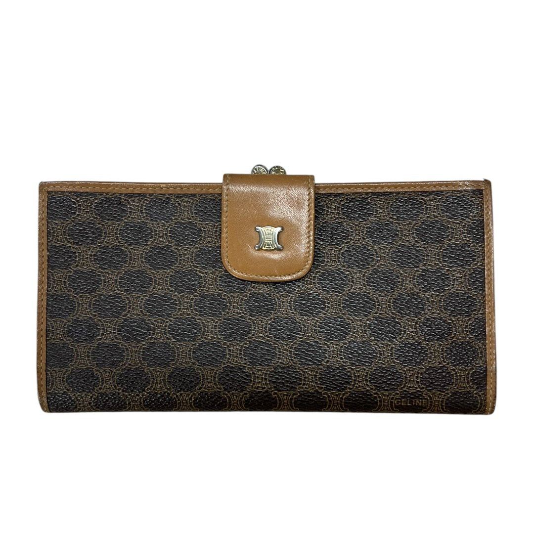CELINE Macadam Canvas, Leather Macadam Triomphe Bi-fold Long Wallet Wallet Brown, Tan Gold Hardware Ce255