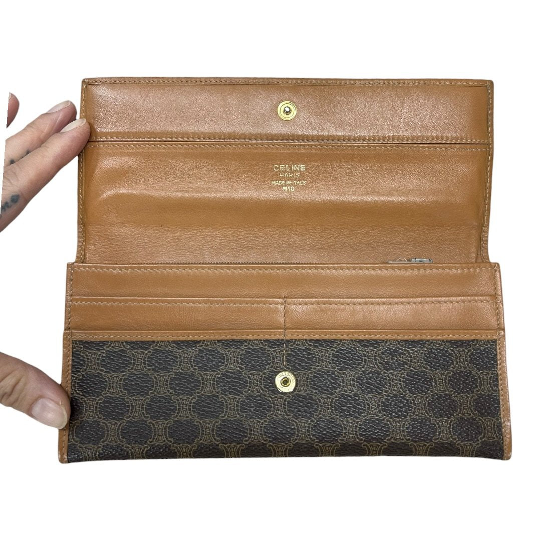 CELINE Macadam Canvas, Leather Macadam Tri-fold Long Wallet Wallet Brown, Tan Gold Hardware Ce253