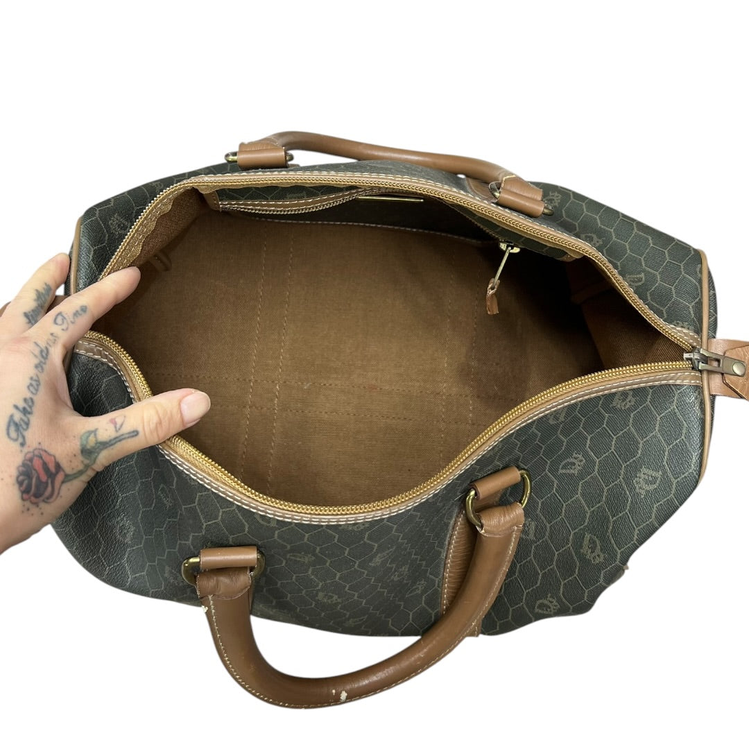 CHRISTIAN DIOR Honeycomb Canvas Boston Bag Handbag Dark Khaki / Brown Gold Hardware Ch2244