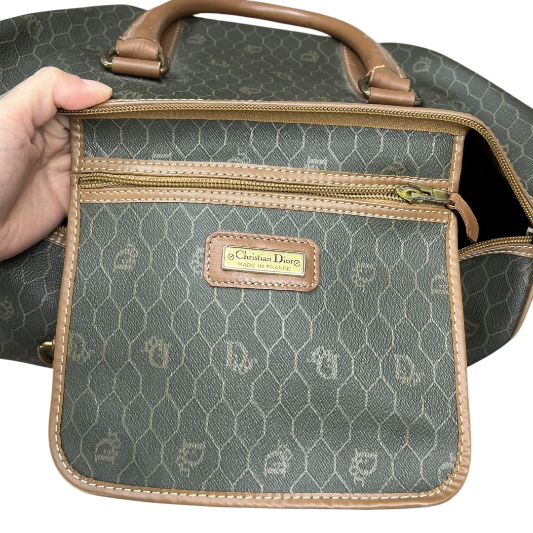 CHRISTIAN DIOR Honeycomb Canvas Boston Bag Handbag Dark Khaki / Brown Gold Hardware Ch2244