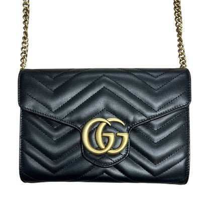GUCCI Leather GG Marmont Matelassé Chain Wallet Wallet on Chain Black Gold Hardware Gu603