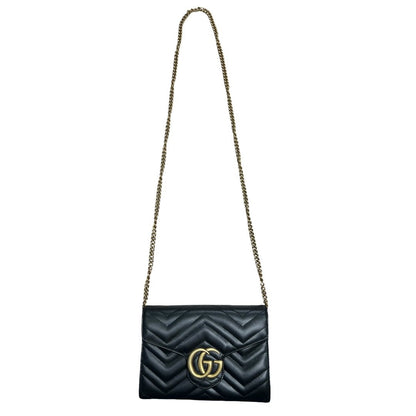 GUCCI Leather GG Marmont Matelassé Chain Wallet Wallet on Chain Black Gold Hardware Gu603