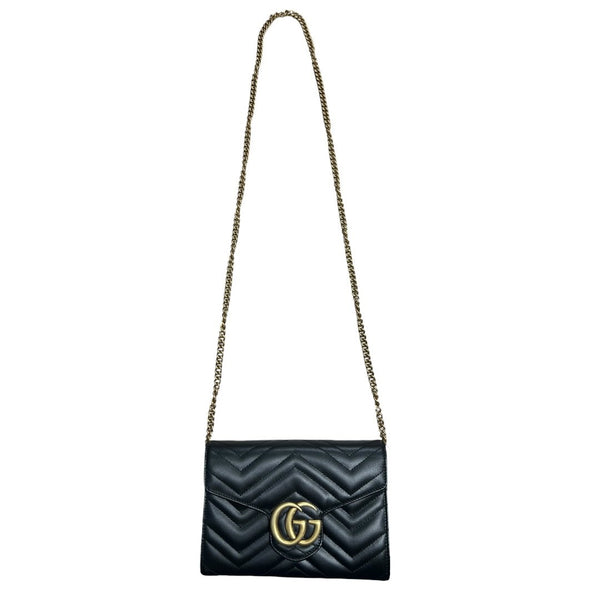 GUCCI Leather GG Marmont Matelassé Chain Wallet Wallet on Chain Black Gold Hardware Gu603