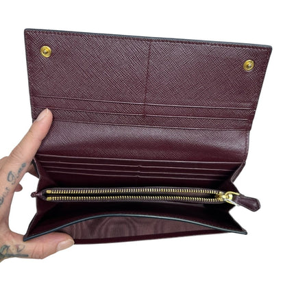 PRADA Saffiano Continental Wallet Wallet Maroon with Pink, Grey, and Black accents Gold Hardware PR174