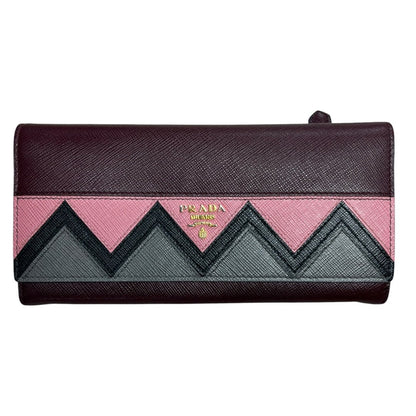 PRADA Saffiano Continental Wallet Wallet Maroon with Pink, Grey, and Black accents Gold Hardware PR174
