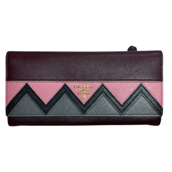 PRADA Saffiano Continental Wallet Wallet Maroon with Pink, Grey, and Black accents Gold Hardware PR174