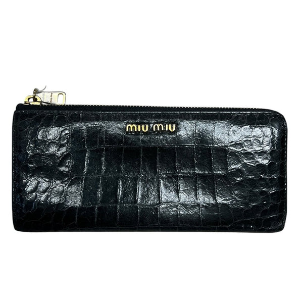 MIU MIU Croc Embossed Leather Zip Around Wallet Wallet Black Gold Hardware mi19