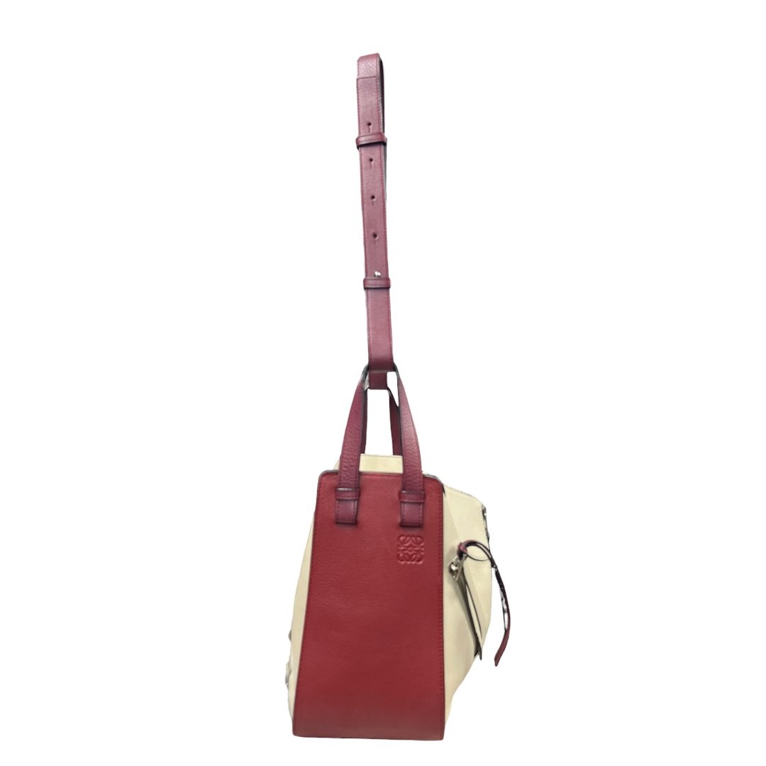 LOEWE Grained Leather Hammock Bag Small Shoulder Bag Cream, Burgundy Silver Hardware LO2380