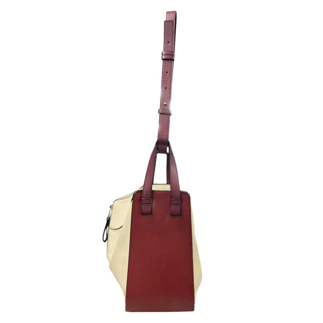 LOEWE Grained Leather Hammock Bag Small Shoulder Bag Cream, Burgundy Silver Hardware LO2380