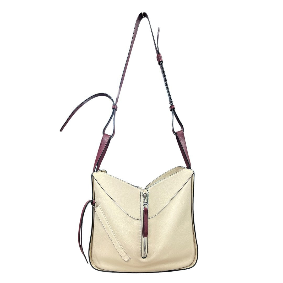 LOEWE Grained Leather Hammock Bag Small Shoulder Bag Cream, Burgundy Silver Hardware LO2380