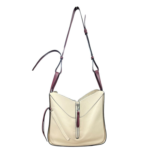 LOEWE Grained Leather Hammock Bag Small Shoulder Bag Cream, Burgundy Silver Hardware LO2380