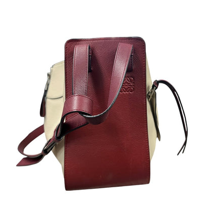 LOEWE Grained Leather Hammock Bag Small Shoulder Bag Cream, Burgundy Silver Hardware LO2380