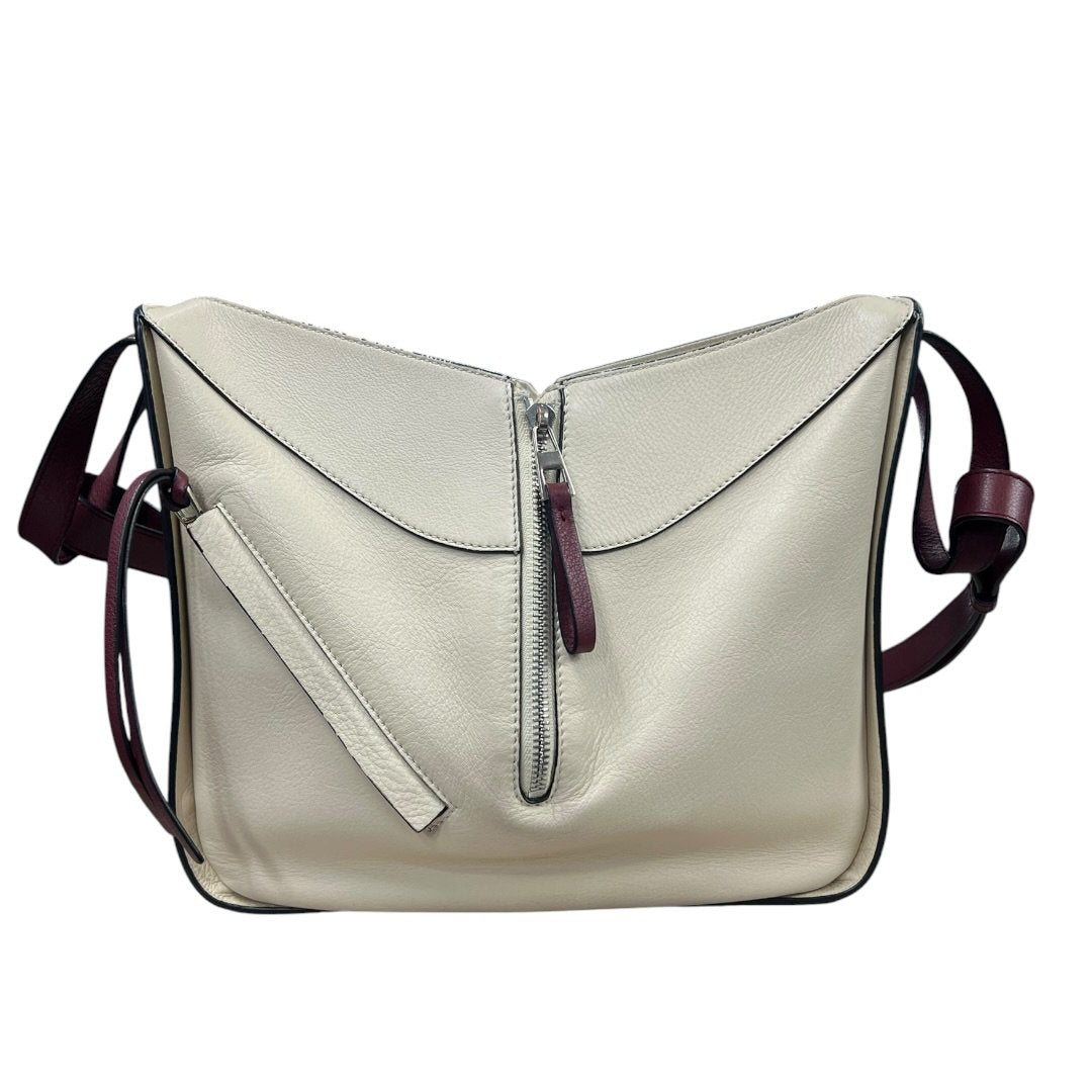 LOEWE Grained Leather Hammock Bag Small Shoulder Bag Cream, Burgundy Silver Hardware LO2380