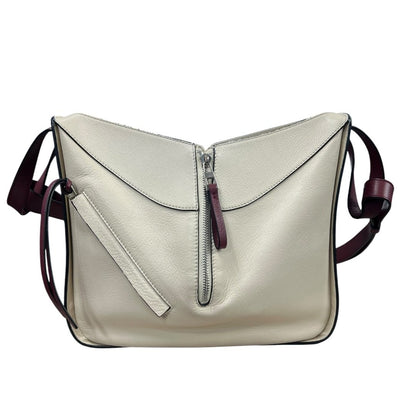 LOEWE Grained Leather Hammock Bag Small Shoulder Bag Cream, Burgundy Silver Hardware LO2380