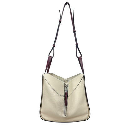 LOEWE Grained Leather Hammock Bag Small Shoulder Bag Cream, Burgundy Silver Hardware LO2380