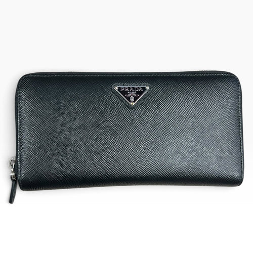 PRADA Saffiano leather wallet with enameled metal triangle logo Wallet Black Silver-tone hardwar PR218