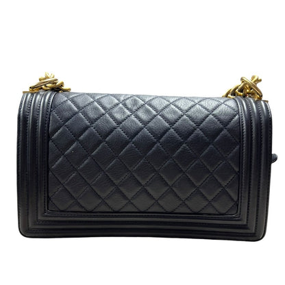 CHANEL Calfskin Boy Bag Shoulder Bag Navy Blue Aged Gold-tone Hardware CH2257