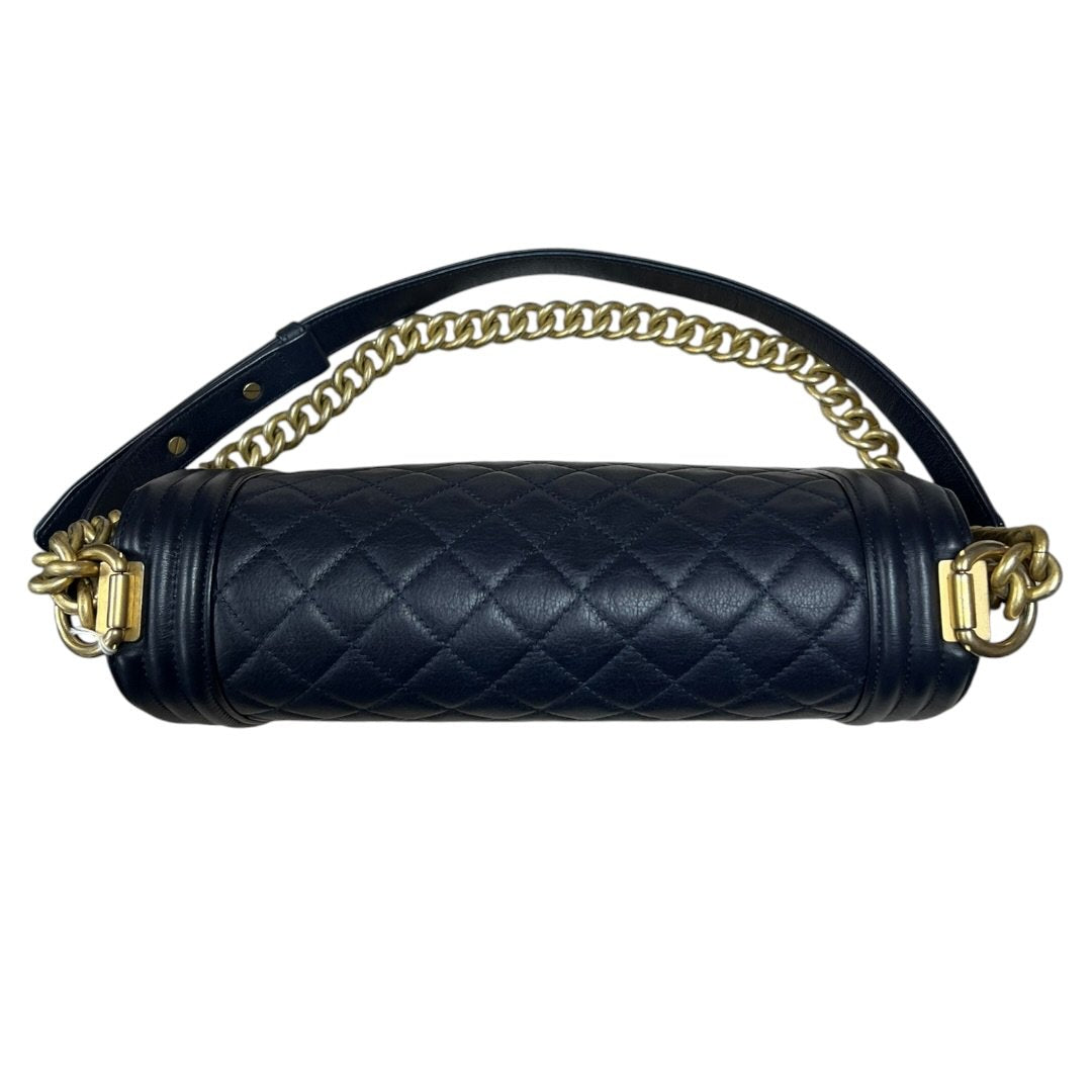 CHANEL Calfskin Boy Bag Shoulder Bag Navy Blue Aged Gold-tone Hardware CH2257