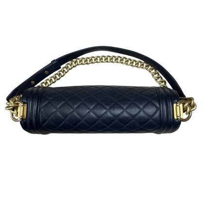 CHANEL Calfskin Boy Bag Shoulder Bag Navy Blue Aged Gold-tone Hardware CH2257