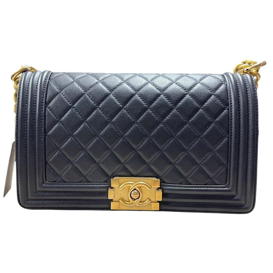 CHANEL Calfskin Boy Bag Shoulder Bag Navy Blue Aged Gold-tone Hardware CH2257