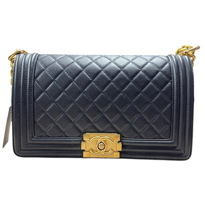 CHANEL Calfskin Boy Bag Shoulder Bag Navy Blue Aged Gold-tone Hardware CH2257