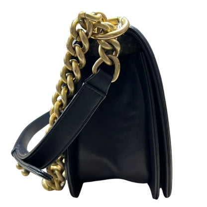 CHANEL Calfskin Boy Bag Shoulder Bag Navy Blue Aged Gold-tone Hardware CH2257