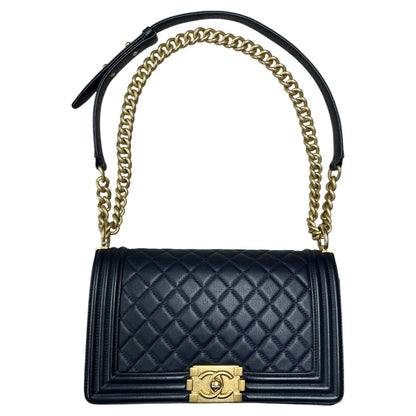 CHANEL Calfskin Boy Bag Shoulder Bag Navy Blue Aged Gold-tone Hardware CH2257