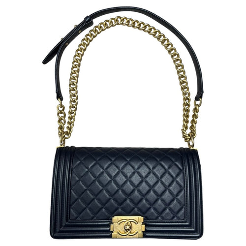 CHANEL Calfskin Boy Bag Shoulder Bag Navy Blue Aged Gold-tone Hardware CH2257