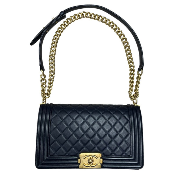 CHANEL Calfskin Boy Bag Shoulder Bag Navy Blue Aged Gold-tone Hardware CH2257