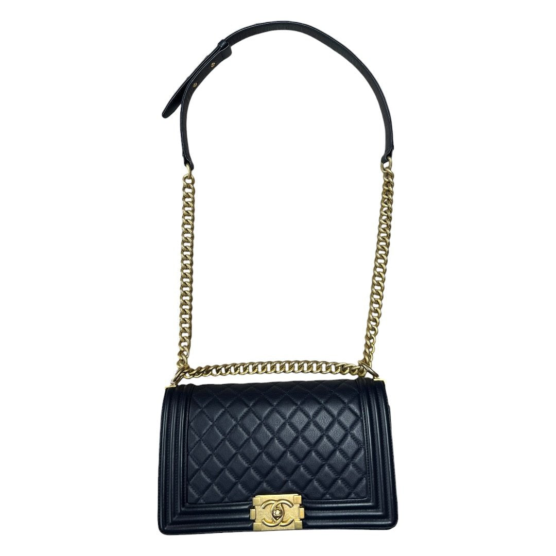 CHANEL Calfskin Boy Bag Shoulder Bag Navy Blue Aged Gold-tone Hardware CH2257