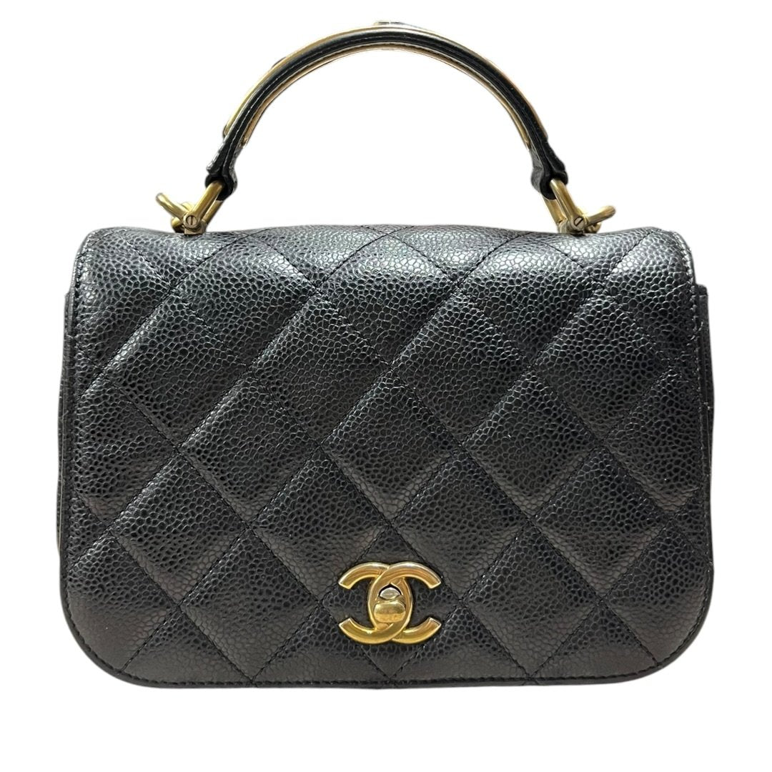 CHANEL Caviar Mini Top Handle Flap Bag Shoulder Bag Black Gold Hardware CH2256