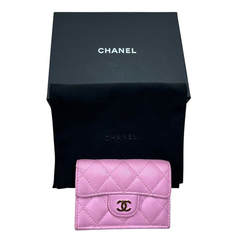 CHANEL Caviar Classic Flap Tri-Fold Wallet Wallet Pink Gold Hardware CH2259