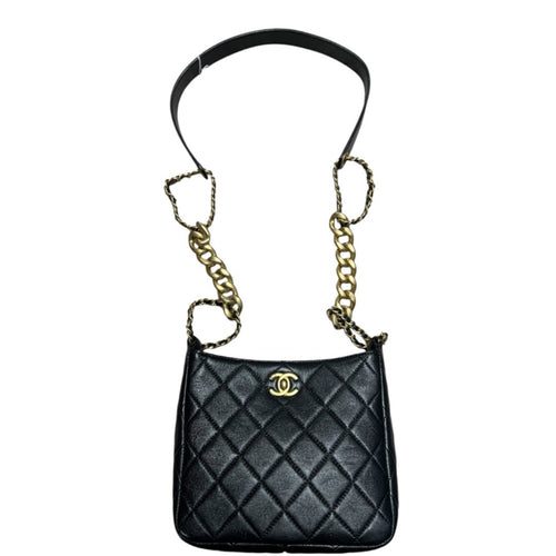 CHANEL Quilted Leather Hobo Bag Shoulder Bag Black Gold Hardware RY3