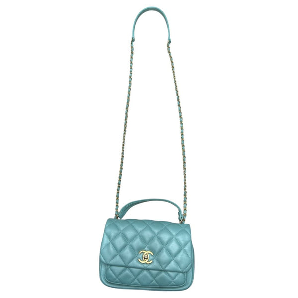 CHANEL Lambskin Small Flap Bag with Top Handle Shoulder Bag Mint Green Gold Hardware RY4