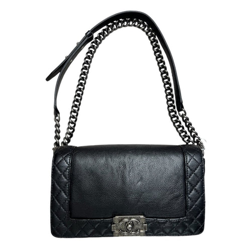 CHANEL Grained Calfskin Boy Bag Shoulder Bag Black Ruthenium-tone Hardware RY6