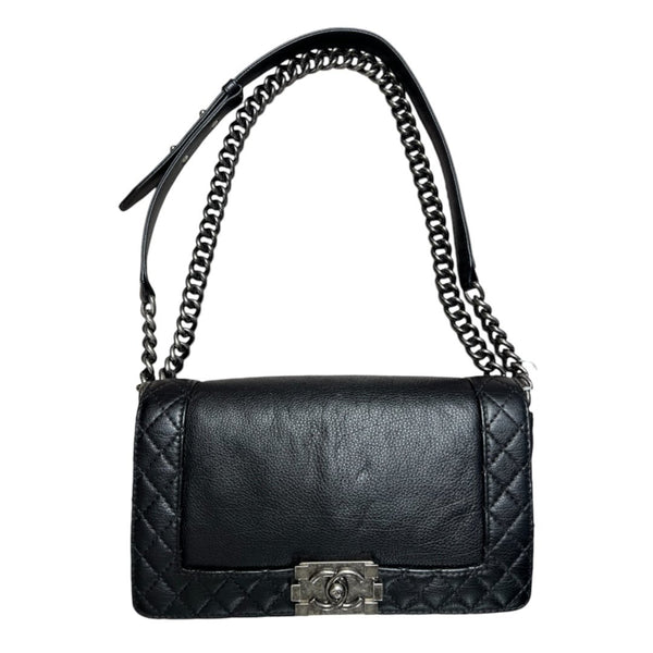 CHANEL Grained Calfskin Boy Bag Shoulder Bag Black Ruthenium-tone Hardware RY6