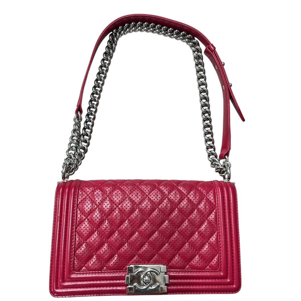 CHANEL Leather Boy Bag Shoulder Bag Red Silver Hardware CH1796A