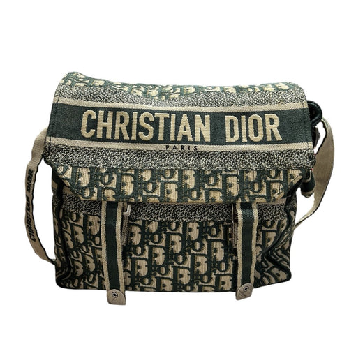 Christian Dior Oblique Canvas Diorcamp Bag Shoulder Bag Green and Beige Silver Hardaware RY1