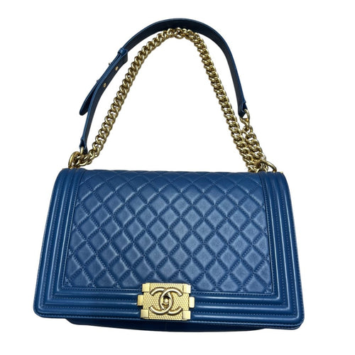 CHANEL Calfskin Boy Bag Shoulder Bag Blue Gold Hardware RY2