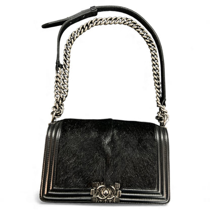 CHANEL Black Leather &amp; Fur Chain Shoulder Bag CH1730