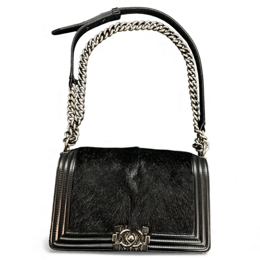 CHANEL Black Leather &amp; Fur Chain Shoulder Bag CH1730