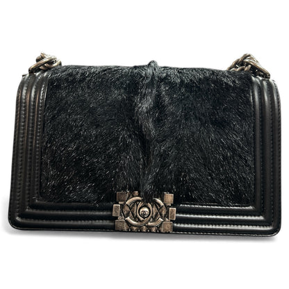 CHANEL Black Leather &amp; Fur Chain Shoulder Bag CH1730
