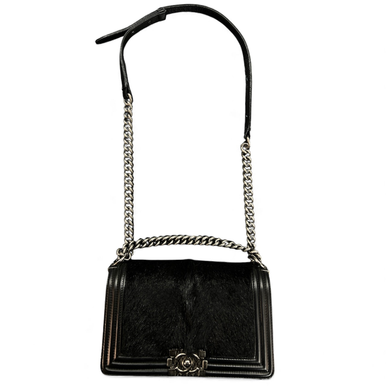 CHANEL Black Leather &amp; Fur Chain Shoulder Bag CH1730