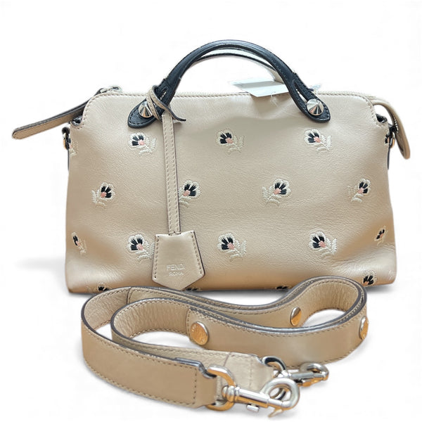 FENDI Embroidered Design Beige Leather  Bag FE334