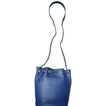 CHANEL Stud Logo Drawstring Bucket Bag Double Chain Blue CH2090
