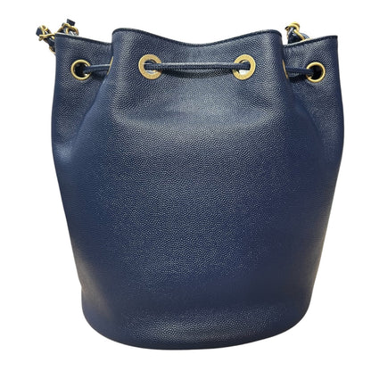 CHANEL Stud Logo Drawstring Bucket Bag Double Chain Blue CH2090
