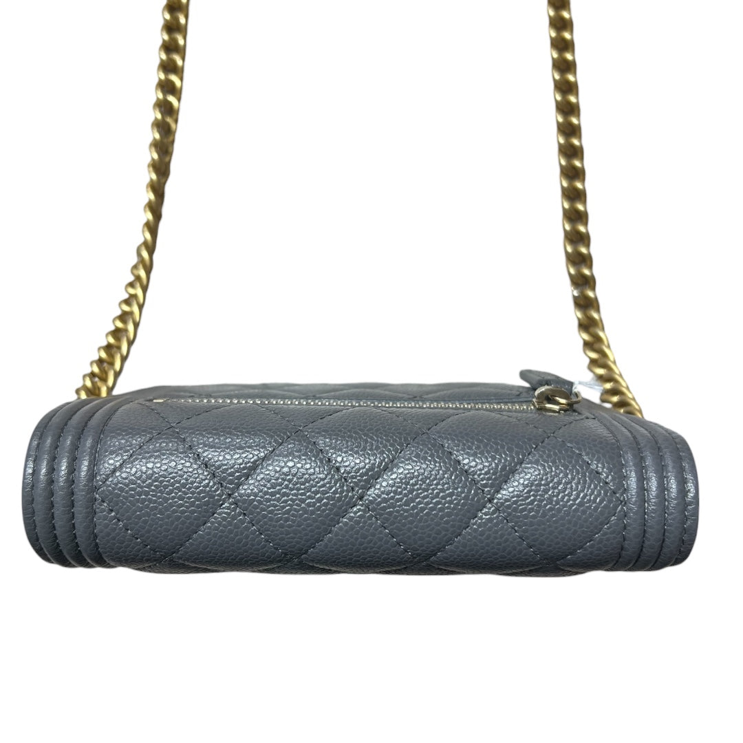 CHANEL Boy Chanel Mini Matelasse Chain Shoulder Bag Caviar Skin Gray  CH2093